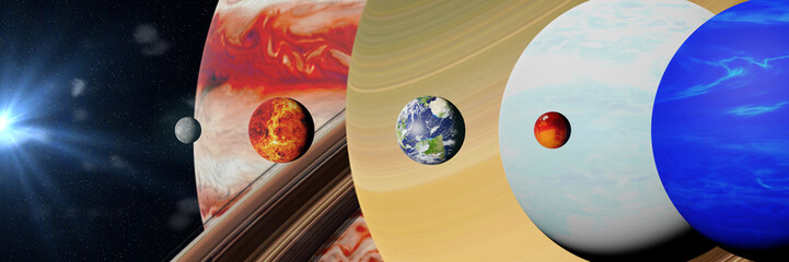 the planets of the solar system lit by the Sun, size comparison © dottedyeti