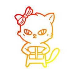 warm gradient line drawing cute cartoon cat with present