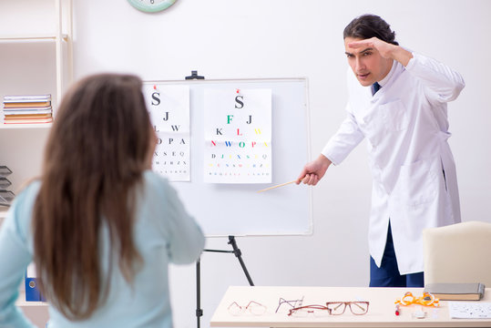 Young woman visiting male doctor oculist 