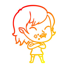 warm gradient line drawing cartoon vampire girl with blood on cheek