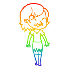 rainbow gradient line drawing cartoon vampire girl with blood on cheek
