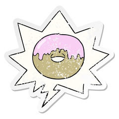 cartoon donut and speech bubble distressed sticker