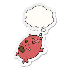 cartoon dancing pig and thought bubble as a printed sticker