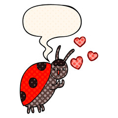 cute cartoon ladybug in love and speech bubble in comic book style