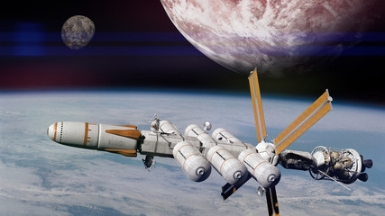 spaceship in orbit of a habitable alien world, finding life in deep space (3d exoplanet illustration)