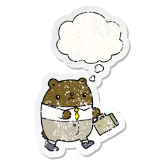 cartoon bear in work clothes and thought bubble as a distressed worn sticker