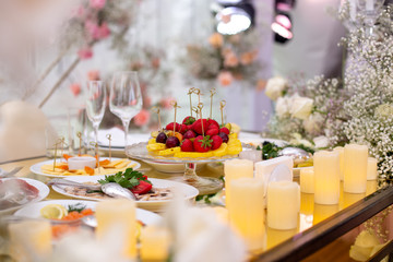 Appetizers on skewers, desserts. fruit smoothie. Salads. Snacks. Buffet.