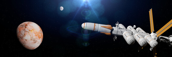 spaceship arriving at alien world (3d exoplanet illustration banner)