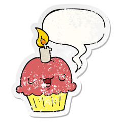 cartoon cupcake and speech bubble distressed sticker