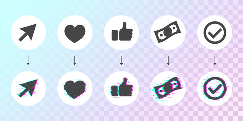 Icon Set with Glitched Hovers. Template for Actions.