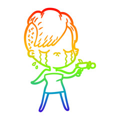 rainbow gradient line drawing cartoon crying girl pointing ray gun