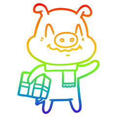rainbow gradient line drawing nervous cartoon pig with present