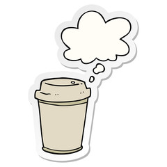 cartoon takeout coffee cup and thought bubble as a printed sticker