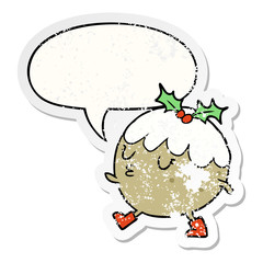 cartoon christmas pudding walking and speech bubble distressed sticker