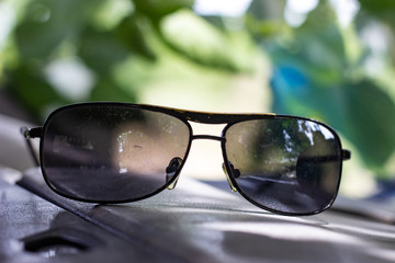 Sunglasses. Sunglasses on a dark background. Sunglasses among the plants