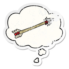 cartoon arrow and thought bubble as a distressed worn sticker