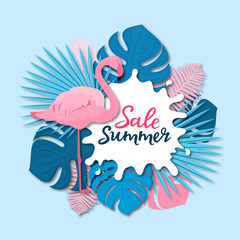 Summer Sale. Banner with tropical leaves and pink flamingo in paper cut style