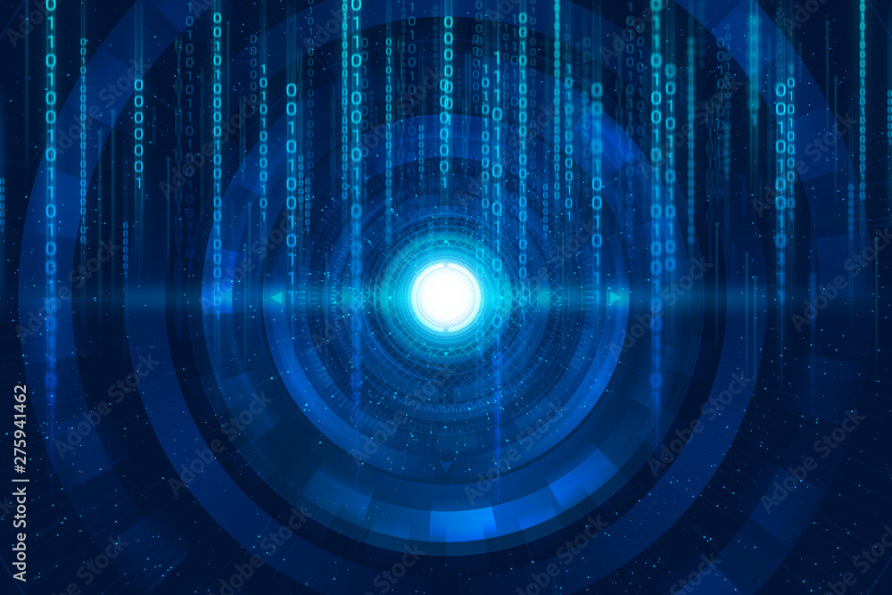 Poster ai technology, data deep learning, hacker system online, internet binary code, circle neon glow blue