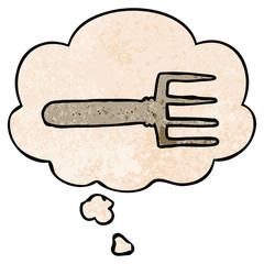 cartoon fork and thought bubble in grunge texture pattern style