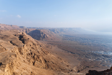 Morning  view from ruined Masada fortress to the Judean desert in Israel