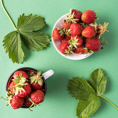 Red ripe juicy strawberry in a plate, over green background, flat lay.