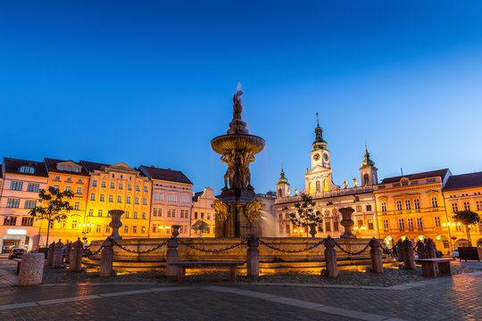 Historic center of Ceske Budejovice at night, Budweis, Budvar, South Bohemia, Czech Republic, Europe.