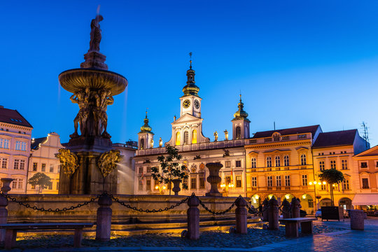 Historic center of Ceske Budejovice at night, Budweis, Budvar, South Bohemia, Czech Republic, Europe.