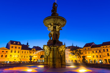 Fototapeta na wymiar Historic center of Ceske Budejovice at night, Budweis, Budvar, South Bohemia, Czech Republic, Europe.