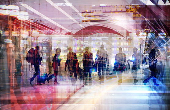 Multiple exposure image of rush hours ant train, tube station. Busy life concept illustration