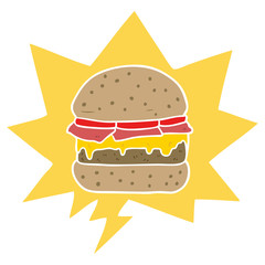 cartoon stacked burger and speech bubble in retro style