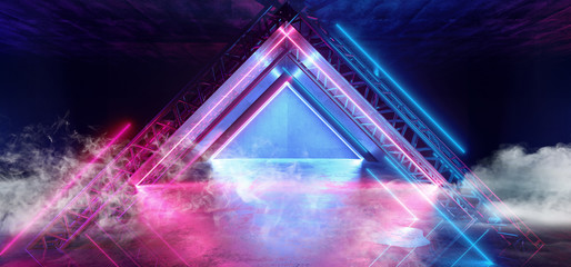 Smoke Neon Lights Triangle Futuristic Sci Fi Vibrant Purple Blue Dark Background Graphic Corridor Tunnel Spaceship Alien Garage Underground Shaped Lasers Glowing Grunge Concrete 3D Rendering