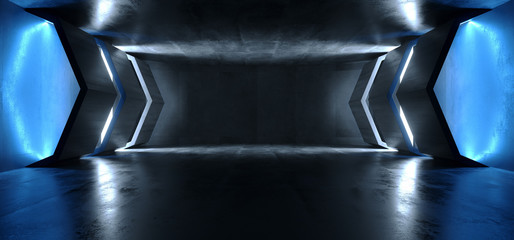 Sci Fi Futuristic Blue Glowing Dark Grunge Reflective Concrete Tunnel Corridor Hallway Alien Spaceship Virtual Reality Empty Background 3D Rendering