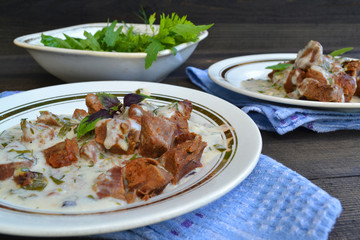 Healthy food background: russian cuisine, goulash of roe deer