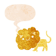 cartoon lion and speech bubble in retro textured style