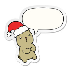cartoon christmas bear worrying and speech bubble sticker