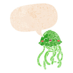 cute cartoon jellyfish and speech bubble in retro textured style