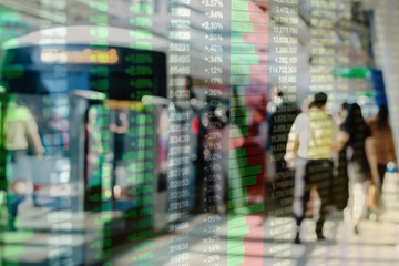 Double exposure of business sketch concept. passenger number table with many people walking in sky...