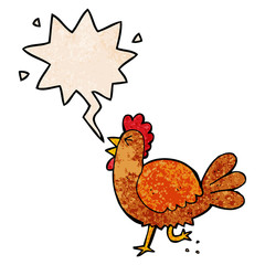 cartoon rooster and speech bubble in retro texture style