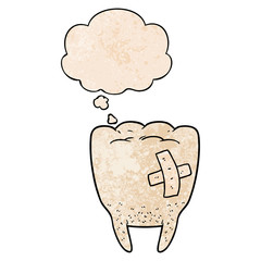 cartoon bad tooth and thought bubble in grunge texture pattern style