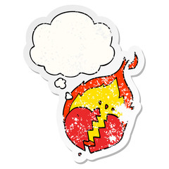 cartoon flaming heart and thought bubble as a distressed worn sticker