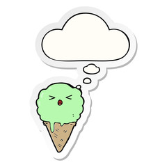cartoon ice cream and thought bubble as a printed sticker