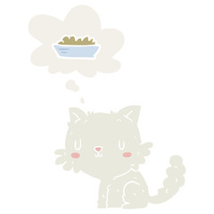 cartoon cat and food and thought bubble in retro style