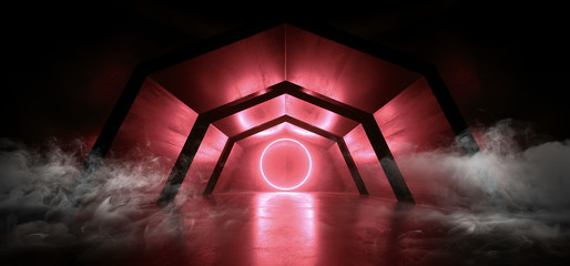 Smoke Neon Lights Futuristic Sci Fi Vibrant Red Dark Background Graphic Corridor Tunnel Spaceship Alien Garage Underground Circle Shaped Lasers Glowing Grunge Concrete 3D Rendering © IM_VISUALS