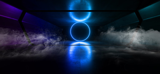 Smoke Neon Lights Futuristic Sci Fi Vibrant Blue Dark Background Graphic Corridor Tunnel Spaceship Alien Garage Underground Circle Shaped Lasers Glowing Grunge Concrete 3D Rendering © IM_VISUALS