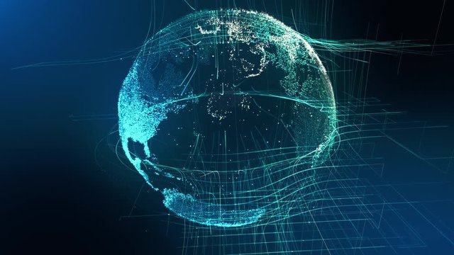Motion Particle Earth Digital Globe Cyber Concept. Planet Rotation Network Data Abstract World Map Business Background. Universe Connection Landscape Scenery Outer Space Exploration 3D Animation 4k