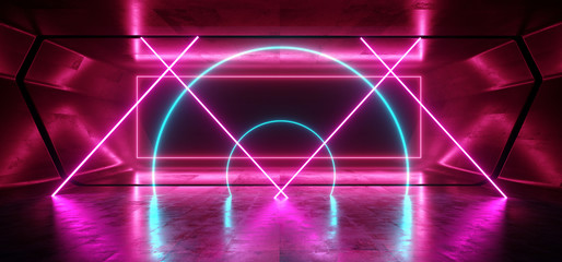 Chaotic Neon Glowing Sci Fi Laser Purple Blue Vibrant Dark Rectangle Frame Glossy Concrete Garage Tunnel Hallway Corridor Background Virtual 3D Rendering