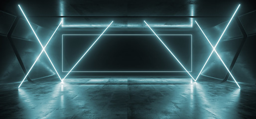 Chaotic Neon Glowing Sci Fi Laser Blue Vibrant Dark Rectangle Frame Glossy Concrete Garage Tunnel Hallway Corridor Background Virtual 3D Rendering