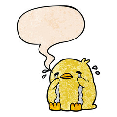 cartoon crying bird and speech bubble in retro texture style
