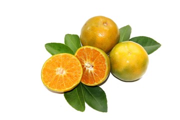 orange with leaves isolated on white background