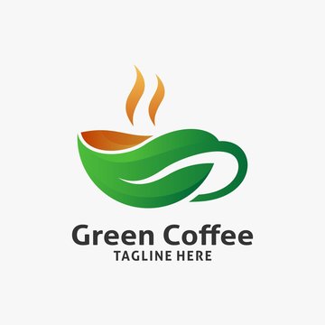 Green Coffee Logo Design With Leaf Shape